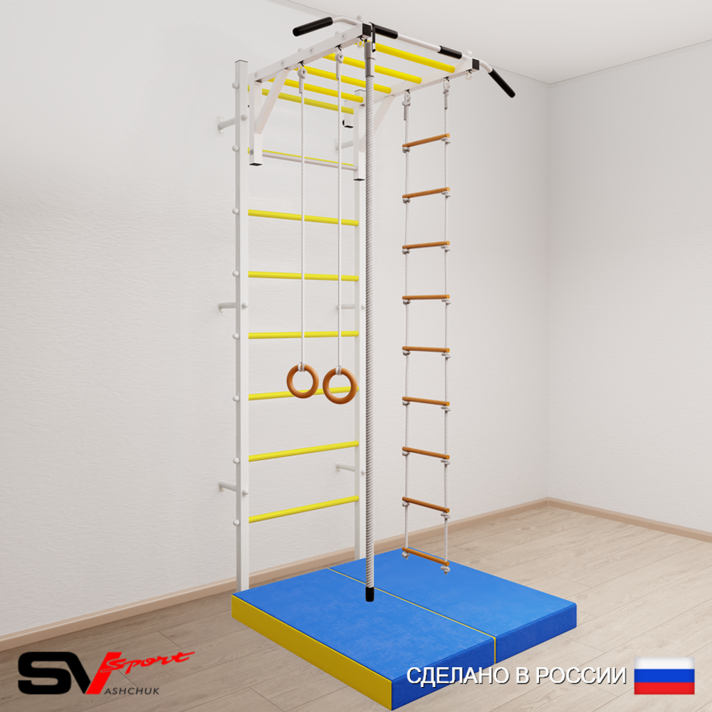 Шведская стенка Sv Sport усиленная 6214 (Турник рукоход/Канат/Кольца/Лестница/Мат 1м)