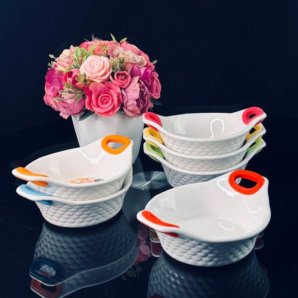 Lenardi 142-032 Набор из 6 круглых салатников 15см с силикон.ручками в под.уп.(х6)Фарфор