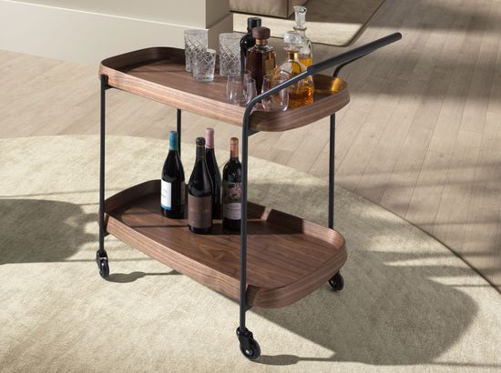Тележка сервировочная 3290 из орехового дерева и черной стали