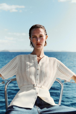 ZARA КАРДИГАН АЖУРНОЙ ВЯЗКИ С РЕМНЕМ, ЭКРЮ