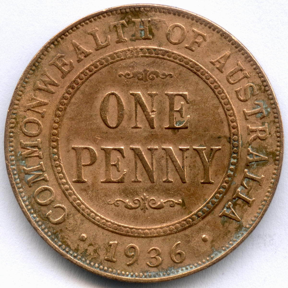 1 пенни 1936 год. Австралия (Георг V). Бронза, диаметр 30.8 мм. F-VF