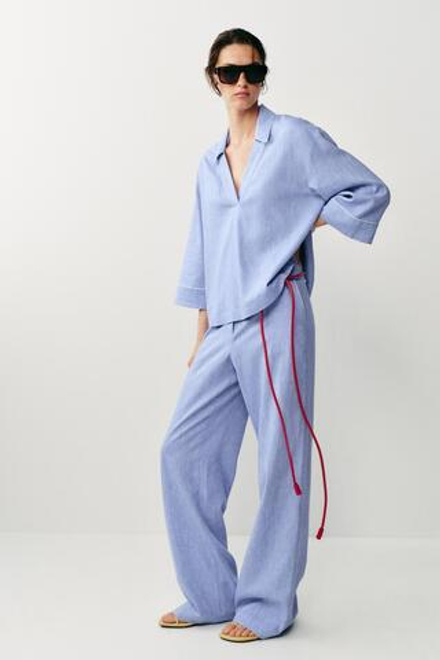 ZARA БРЮКИ ИЗ СМЕСОВОГО ЛЬНА С ОКАНТОВКОЙ, ГОЛУБОЙ
