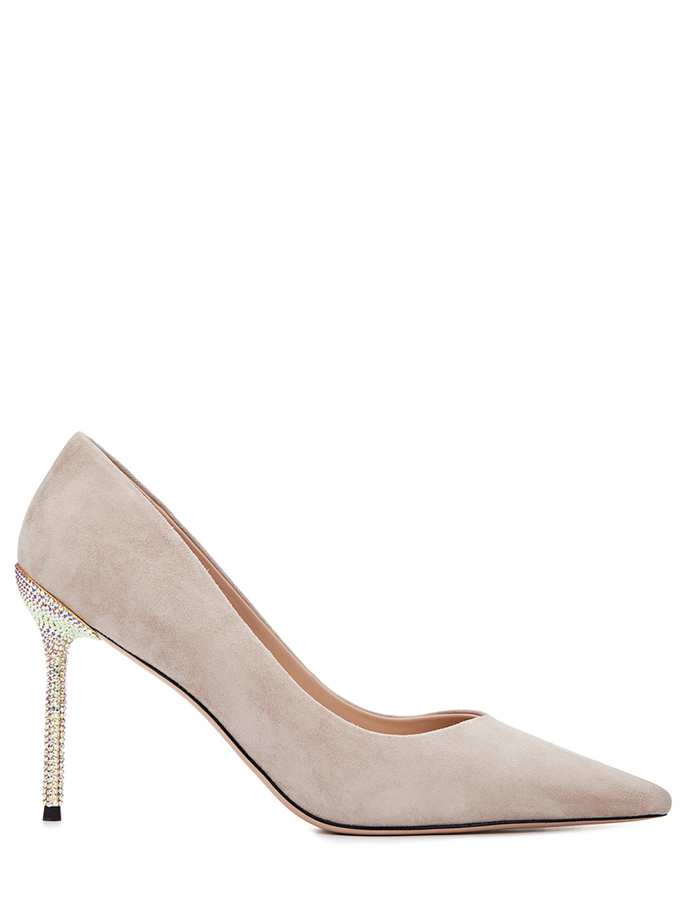 Женские туфли замшевые бежевые на каблуке со стразами