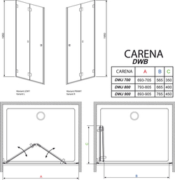 Душевая дверь Radaway Carena DWB 90R 90x195 см. правая, крепится справа, профиль хром, стекло прозрачное 34502-01-01NR схема