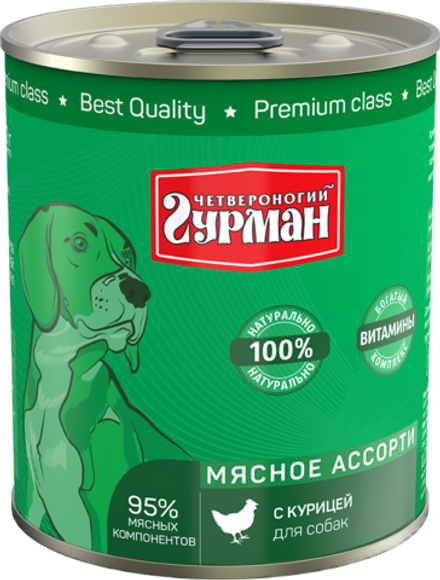 Корм консервированный для собак Четвероногий гурман "Мясное ассорти с курицей", 340 г