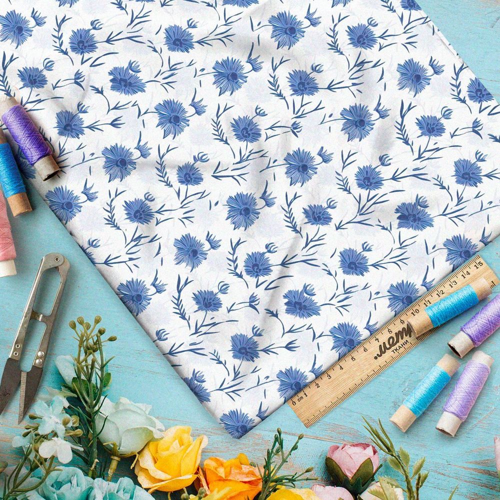 Ткань премиум шифон васильки на белом