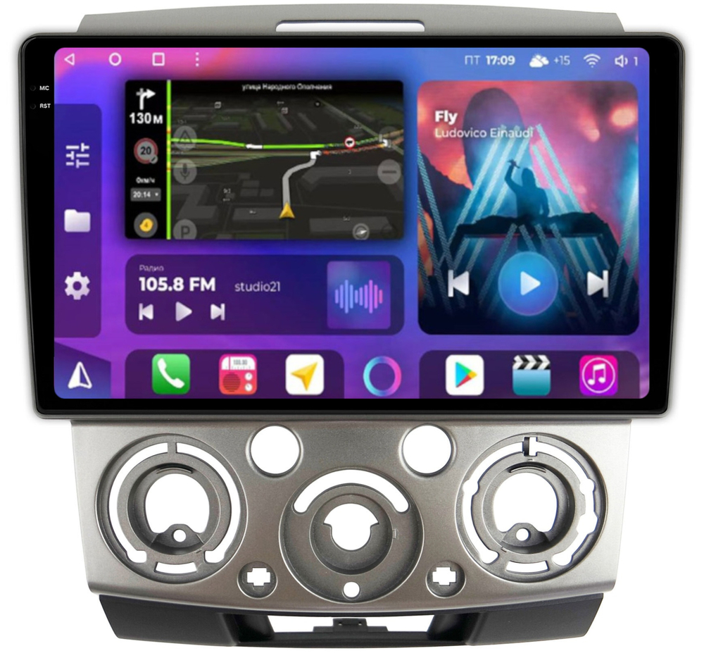 Магнитола для Ford Ranger 2, Mazda BT-50 2007-2011 (рамка серебро) - FarCar BM3021M-2K монитор 9.5" 2K QLED на Android 14, TS10, 4+32Гб, CarPlay, 4G SIM-слот