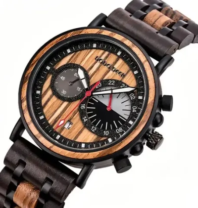 Часы наручные из натурального дерева кварцевые DODO DEER на деревянном браслете, темно-коричневый/черно-коричневый W10540-01