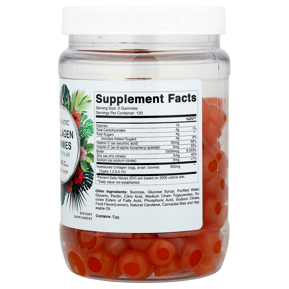 Vitamatic, Жевательные мармеладки с коллагеном, биотином и цинком, лимон, 240 жевательных таблеток