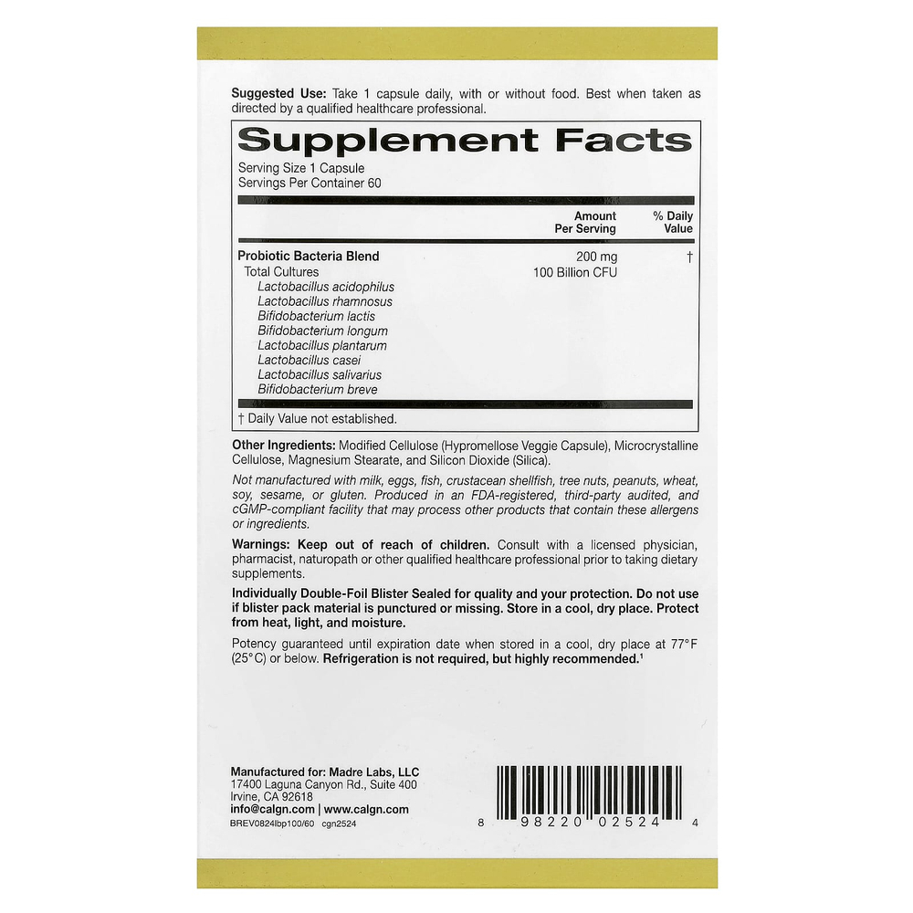 California Gold Nutrition, LactoBif® 100, пробиотики, 100 млрд КОЕ, 60 растительных капсул
