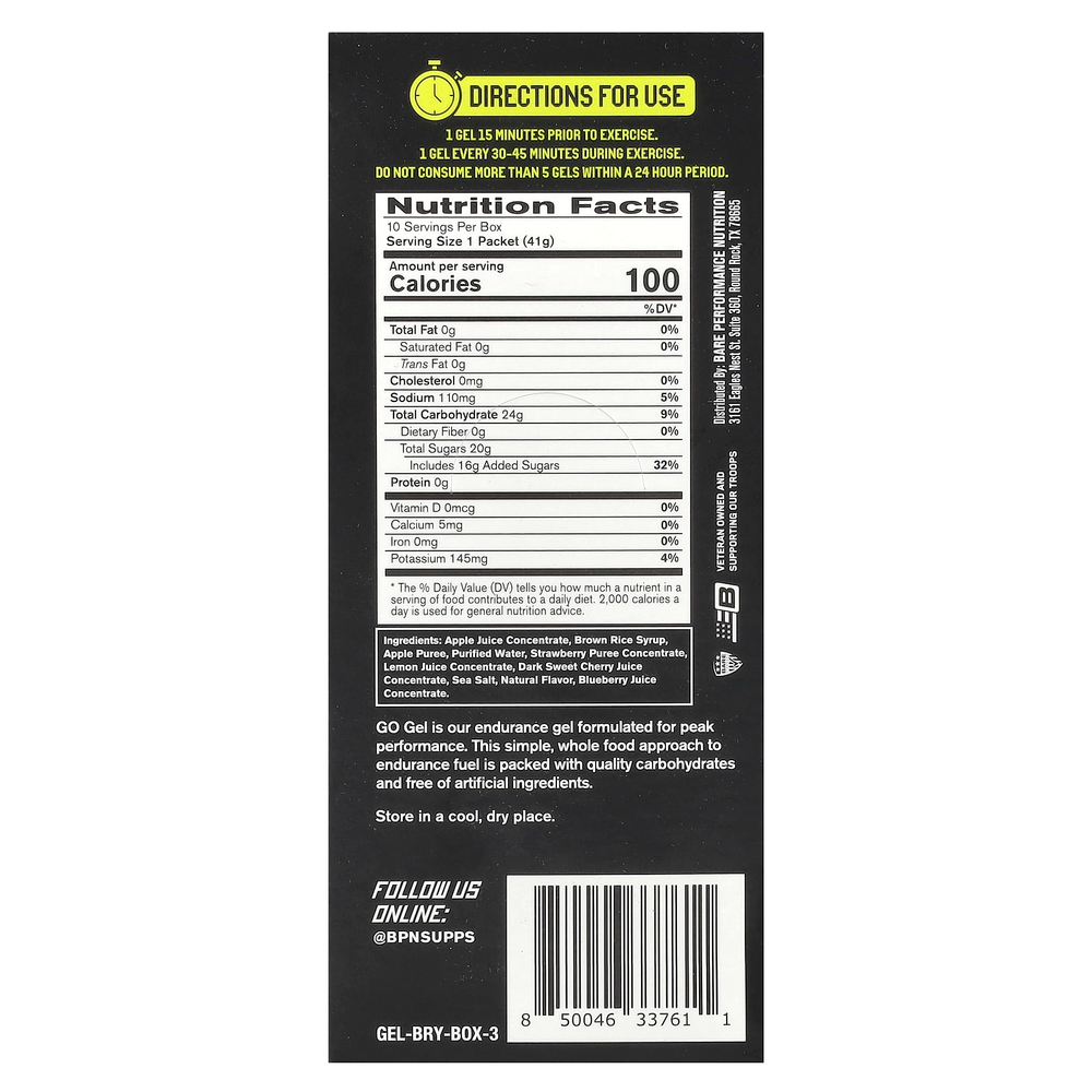 BPN, Go Gel, гель для выносливости, ягодный сбор, 10 пакетиков по 41 г (1,45 унции)