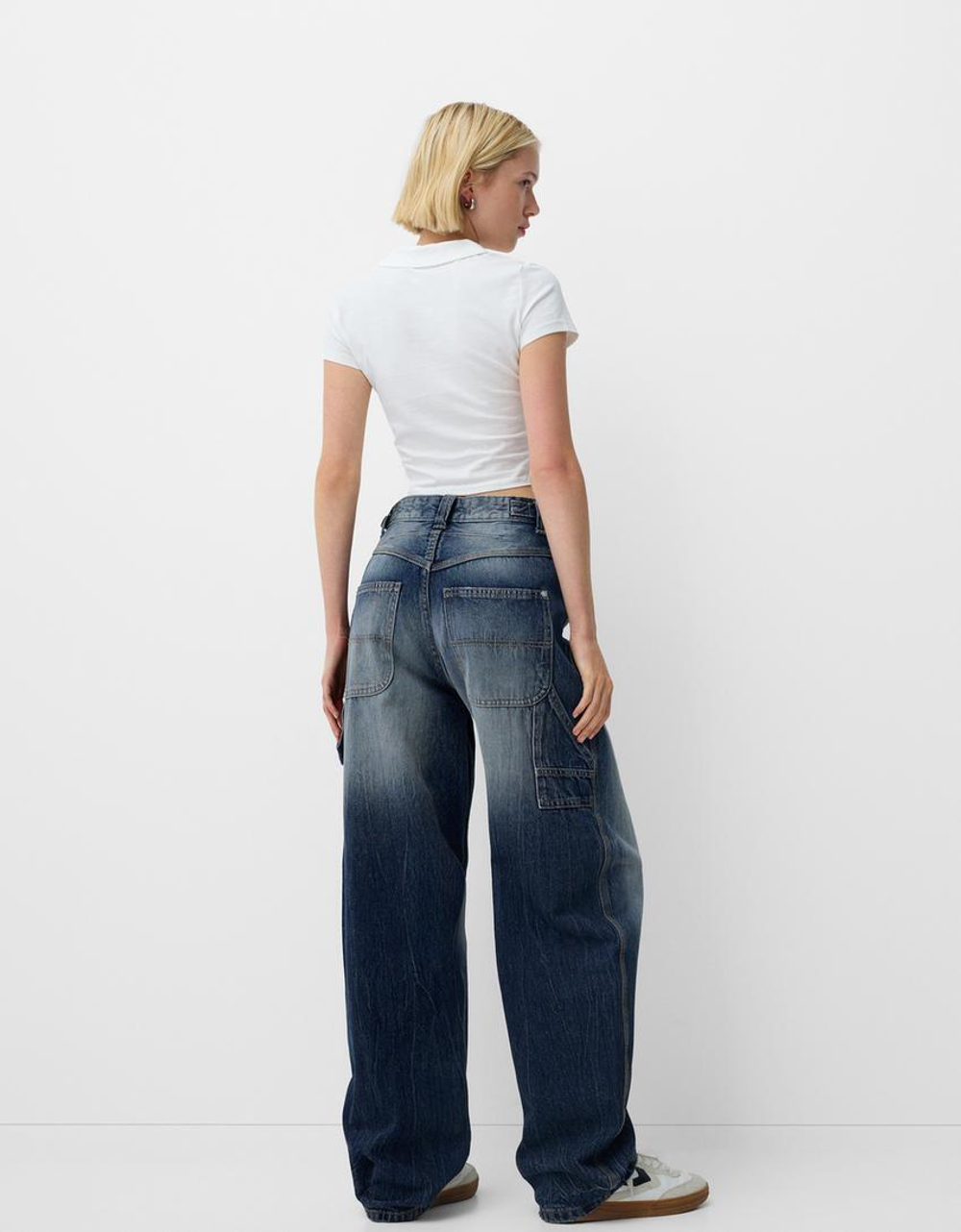 BERSHKA ДЖИНСЫ BALLOON FIT, ТЕМНО-СИНИЙ