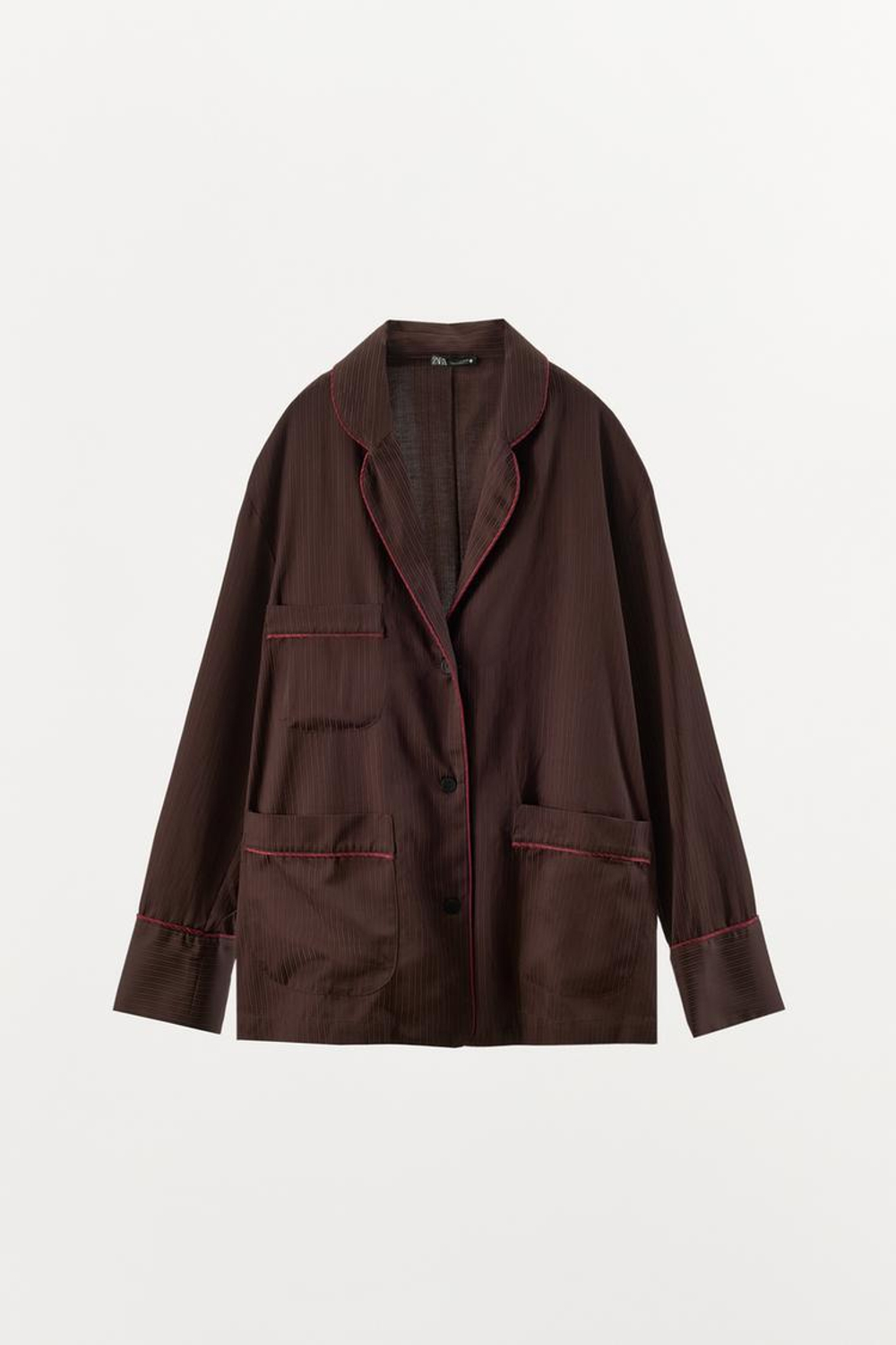 ZARA РУБАШКА В ПИЖАМНОМ СТИЛЕ В ПОЛОСКУ С КОНТРАСТНЫМИ ДЕТАЛЯМИ, КОРИЧНЕВЫЙ