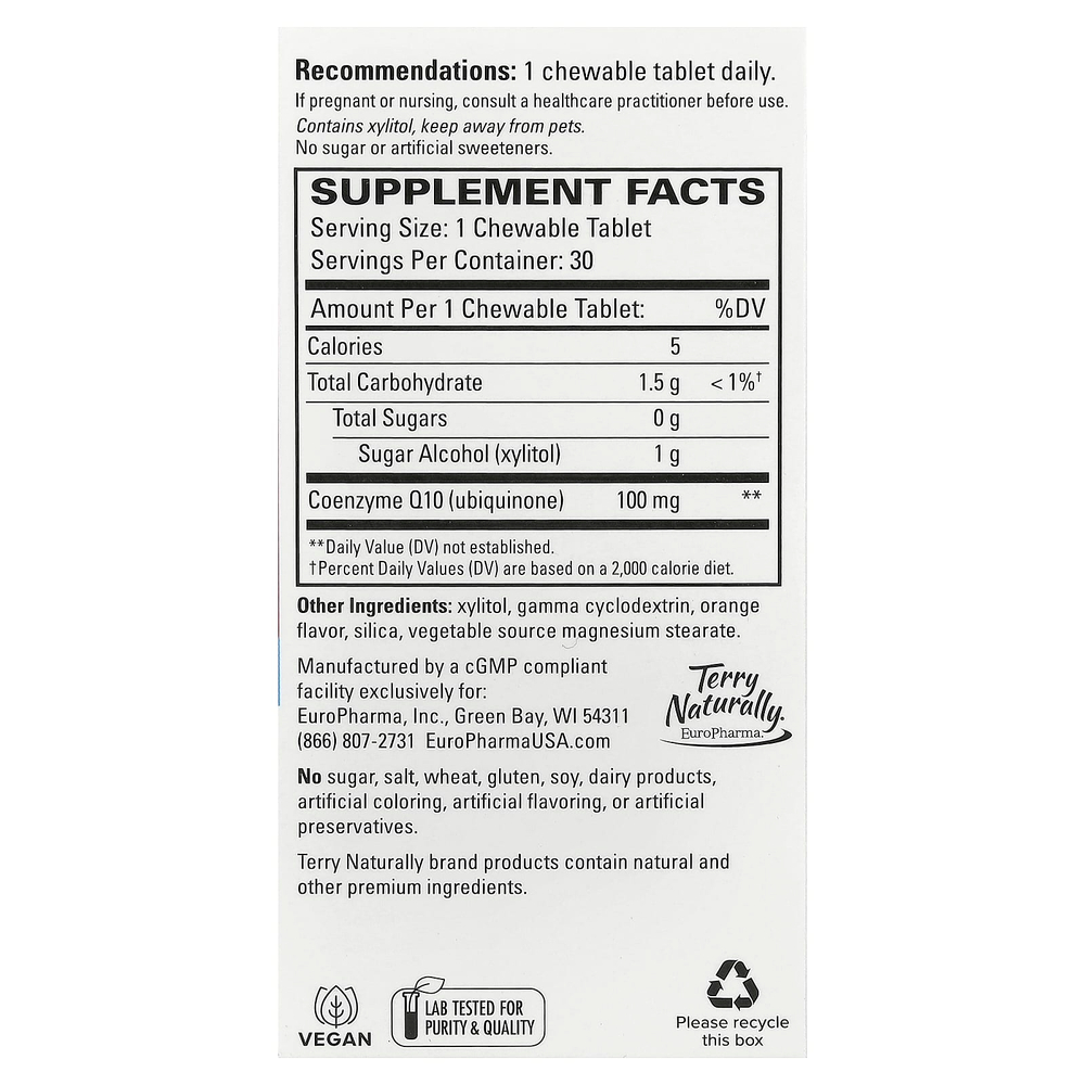 Terry Naturally, коэнзим Q10, с апельсиновым вкусом, 30 жевательных таблеток (100 мг в 1 таблетке)