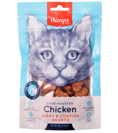 Wanpy Cat Лакомство для кошек «сердечки» из курицы с треской 80гр.