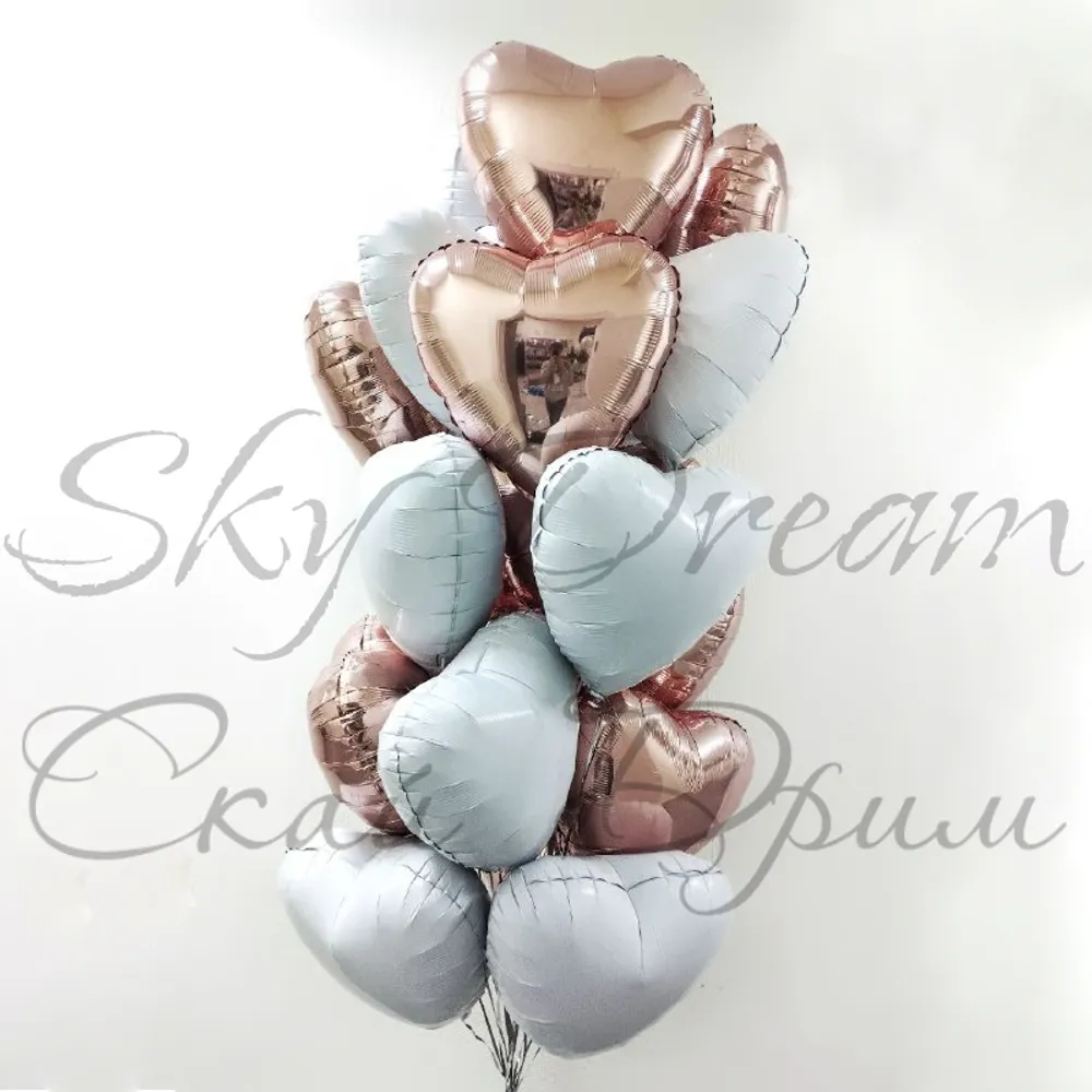 Облако шаров Сердца розовое золото и белый