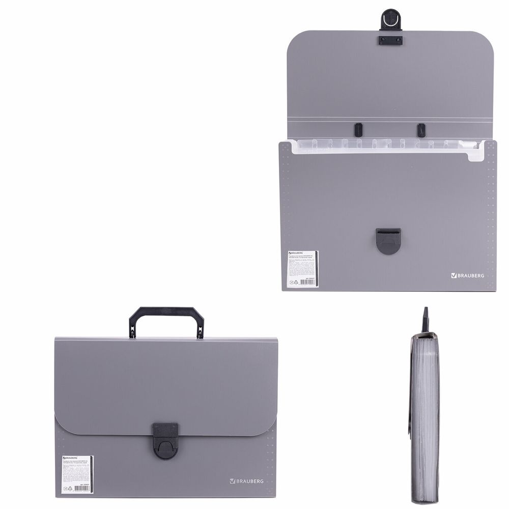 Папка-портфель пластиковая BRAUBERG "ПРОЕКТ", А4 (330х240х35 мм), 13 отделений, серый, РОССИЯ, 226027