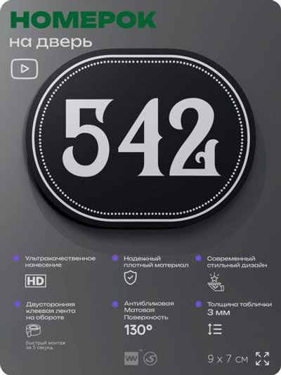 Номерок на дверь квартиры 542, для кабинета, офиса, шильдик 9 х 7 см, черный, Айдентика Технолоджи