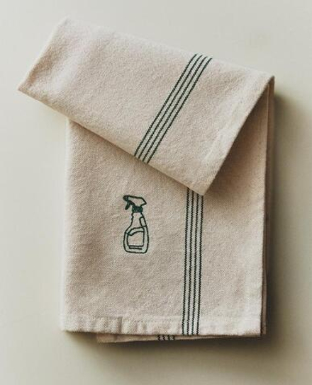 ZARA HOME КУХОННОЕ ПОЛОТЕНЦЕ ИЗ ХЛОПКА С ВЫШИВКОЙ, ЗЕЛЕНЫЙ