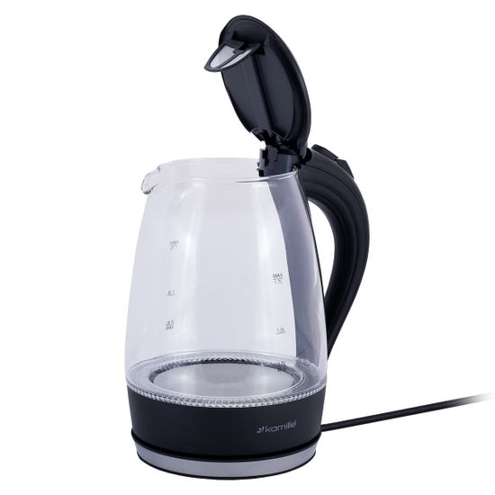 Чайник электрический 1,5 л. стеклянный Kamille KM-1700B (черный) с синей LED подсветкой