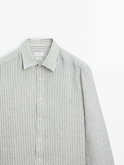 Massimo Dutti Рубашка из 100% льна в полоску, зеленый