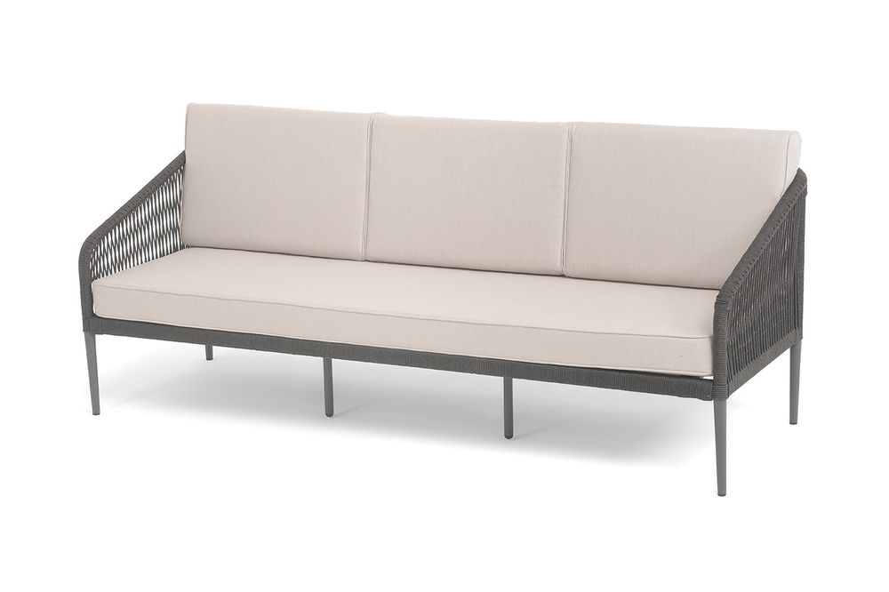 "Канны" диван 3-местный плетеный из роупа, каркас алюминий темно-серый (RAL7024) муар, роуп темно-серый круглый, ткань бежевая 035