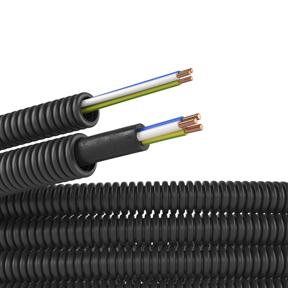Электротруба ПНД гибкая гофр. д.16мм, цвет черный, с проводом ПуВ 3х2,5мм² РЭК "ГОСТ+", 50м