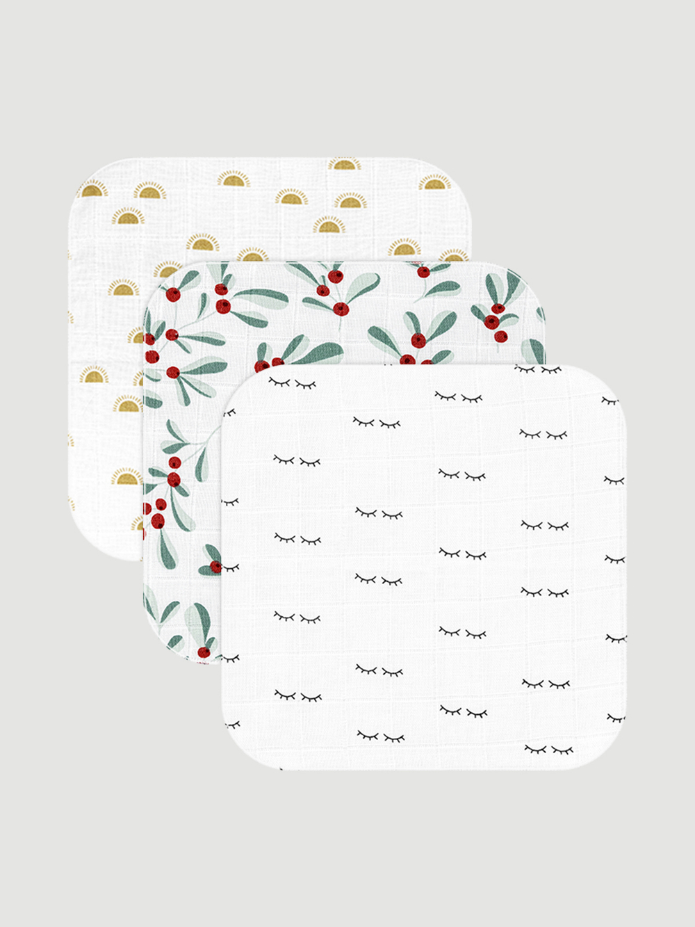 Сет из 3х муслиновых салфеток Mjölk Солнце/Брусника/Глазки