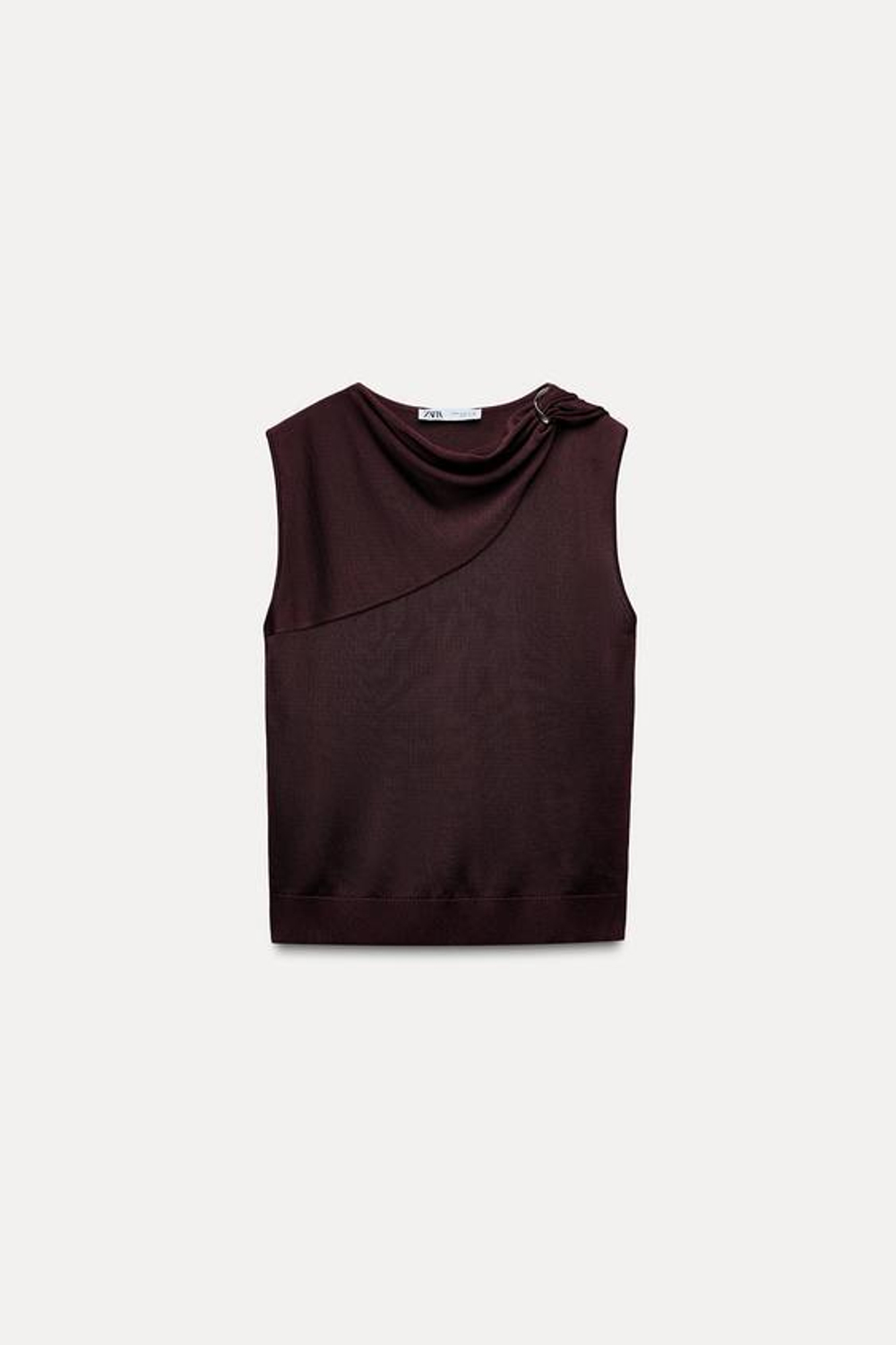 ZARA ТРИКОТАЖНЫЙ ТОП С ЗОЛОТИСТОЙ ДЕТАЛЬЮ, БОРДОВЫЙ