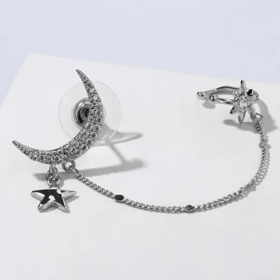 Серьга &quot;Каффа&quot; месяц на цепочке, цвет белый в серебре