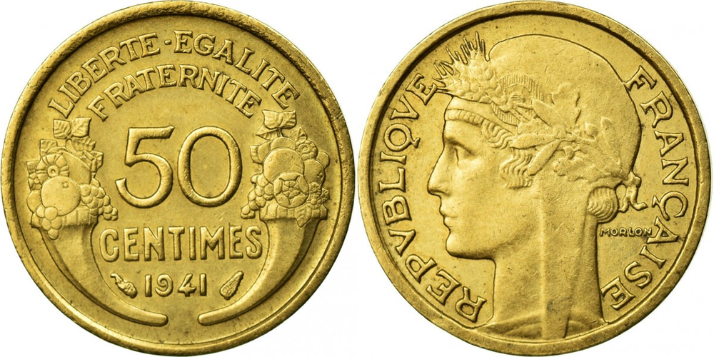 Франция 50 сантимов, 1931 - 1947 Мариана XF