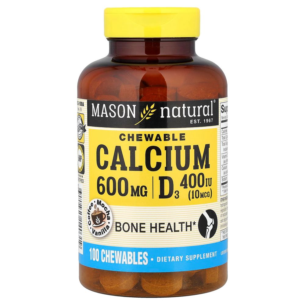 Mason Natural, Chewable Calcium + D3, вкус кофе-мокко, 600 мг, 100 жевательных таблеток