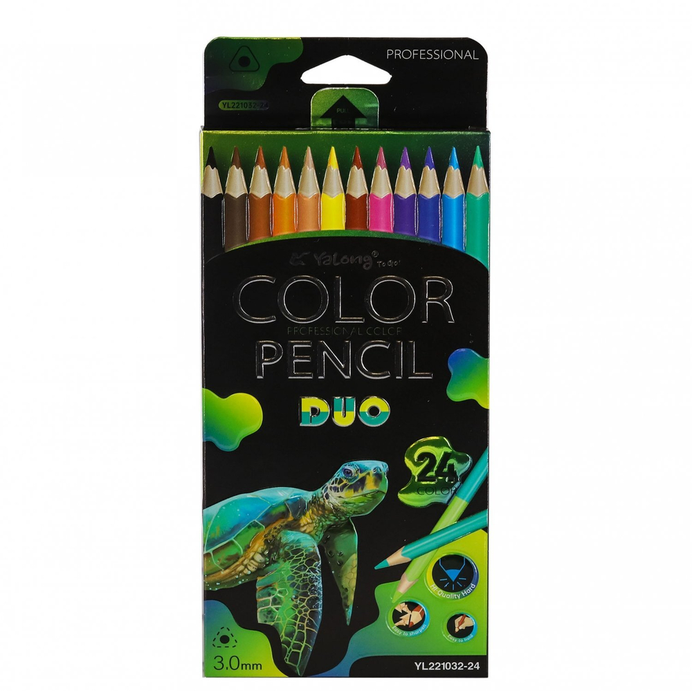 Карандаши цветные двусторонние Yalong 12/24 цв., "Неоновые животные" деревянные, трехгранные, заточенные, грифель 3.0 мм, картон. уп., европодвес
