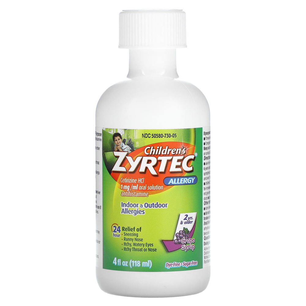 Zyrtec, Children's Allergy, Relief Syrup, для детей от 2 лет, со вкусом винограда, 5 мг, 118 мл (4 жидк. унц.)