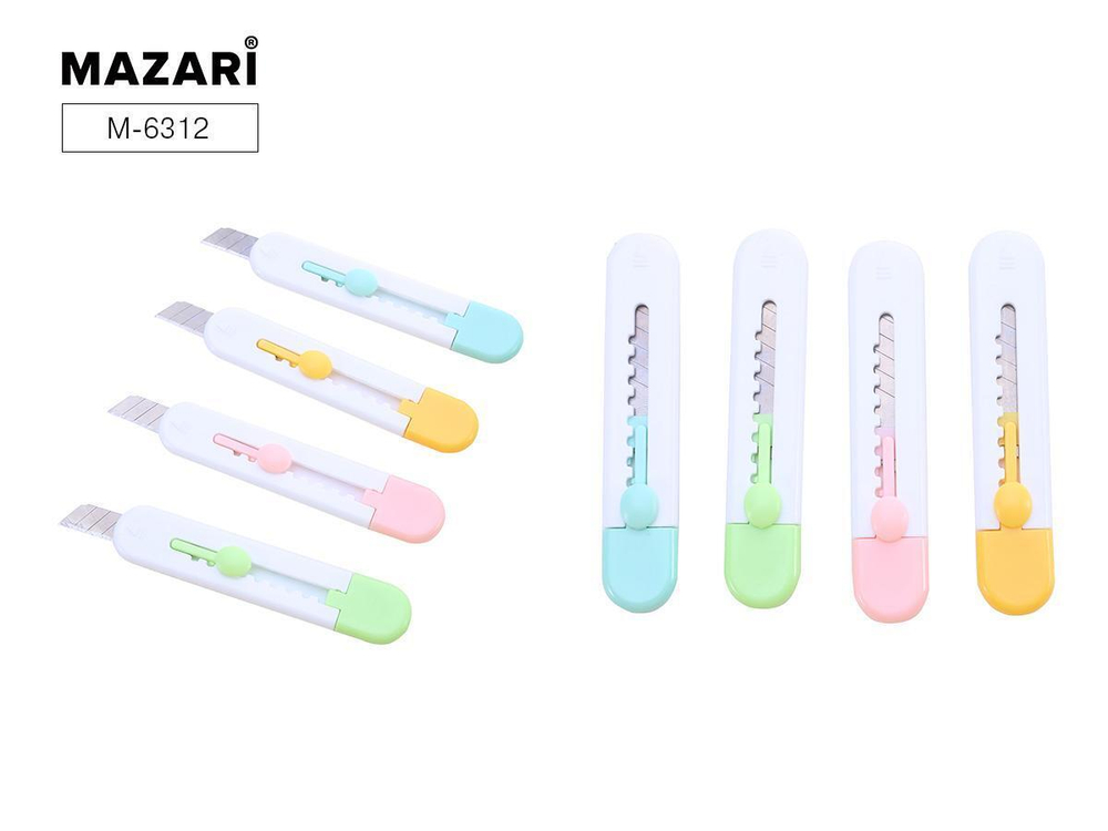 Нож канцелярский 93*19мм, ширина лезвия 10мм. ассорти 4 цвета, пастель (Mazari)