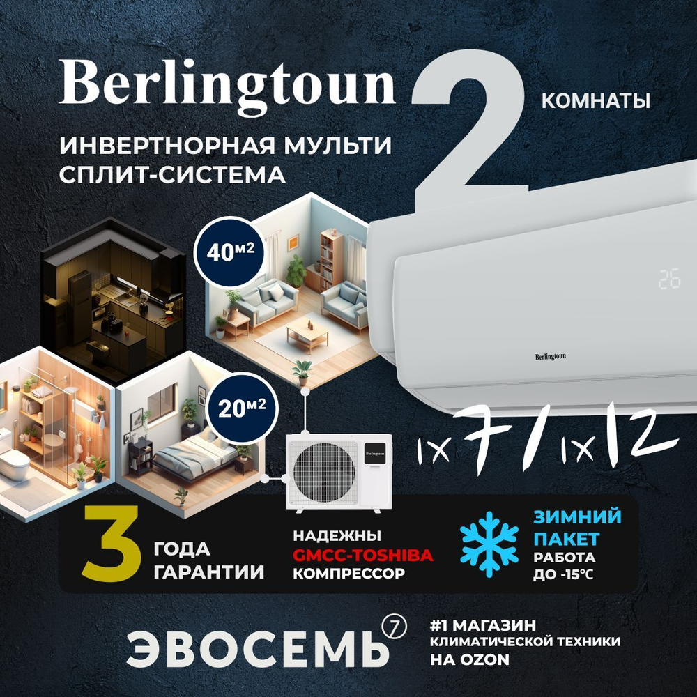 Инверторная мульти сплит-система Berlingtoun на 2 комнаты (20м2 + 40м2) BMO-18/2AIN1/BMI-07AIN1 + BMI-12AIN1