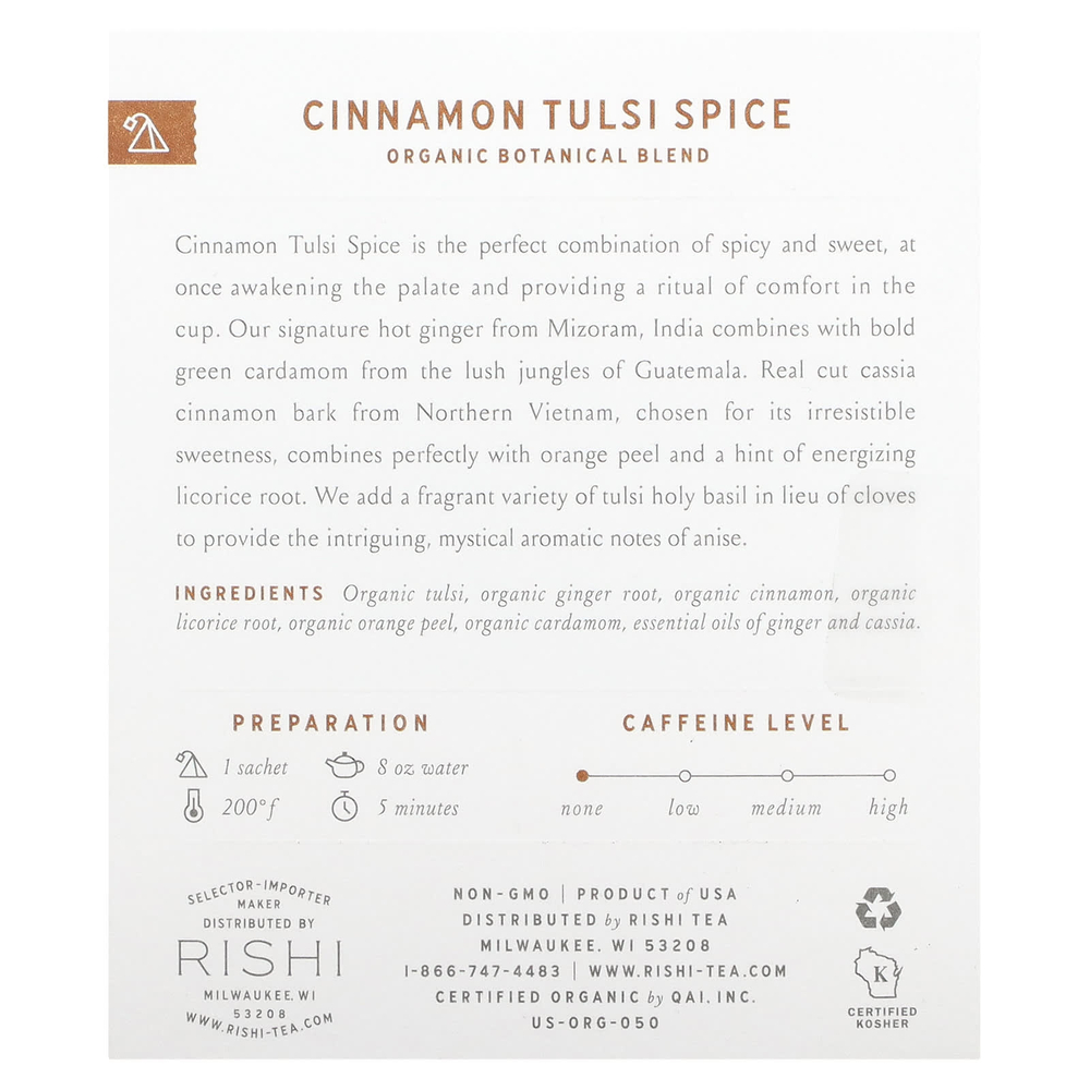 Rishi Tea, Cinnamon Tulsi, без кофеина, 15 пакетиков 45 г (1,58 унции)