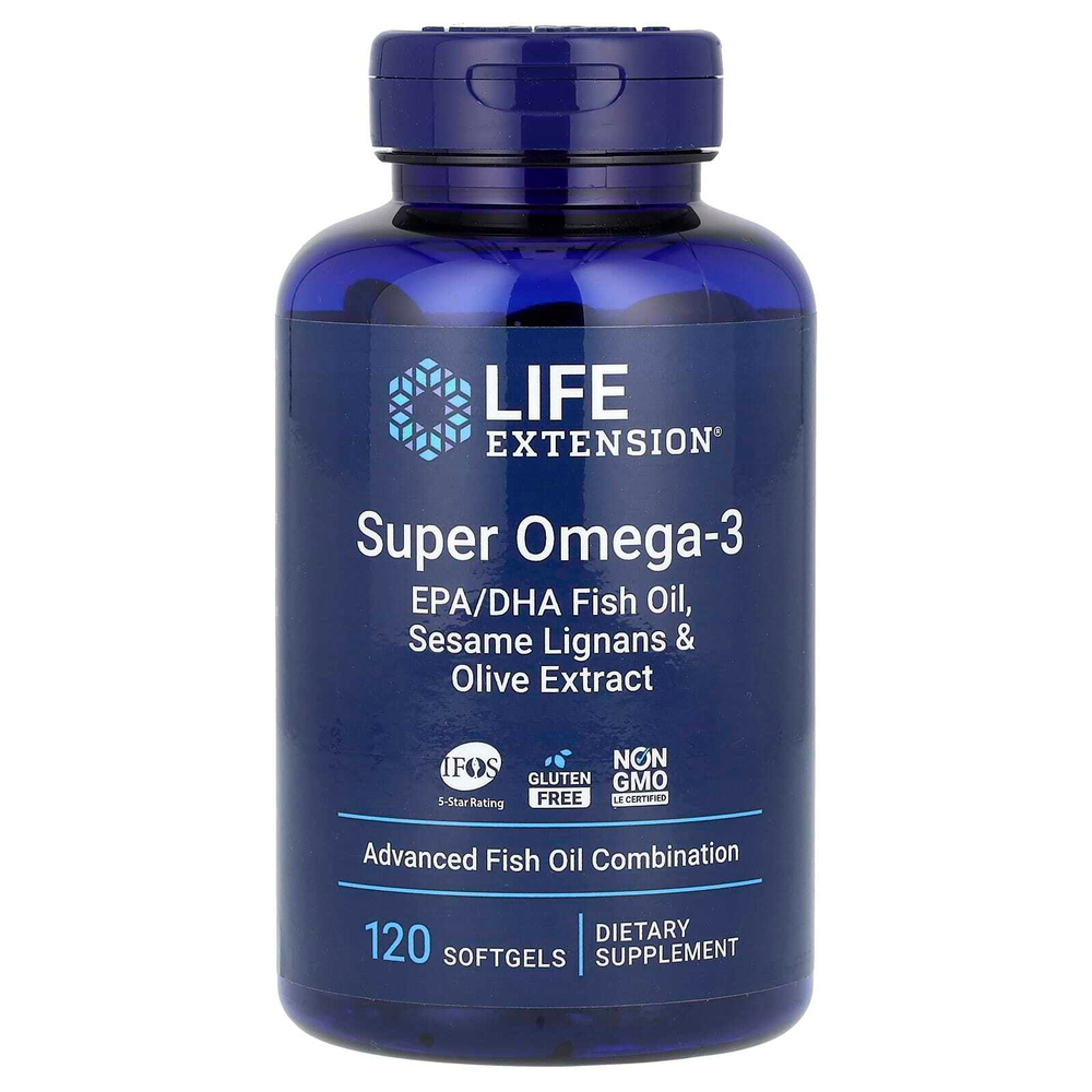 Life Extension, супер омега-3 из рыбьего жира с ЭПК и ДГК, с лигнанами кунжута и экстрактом оливы, 120 капсул