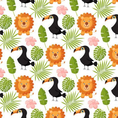 Львы, туканы и пальмовые листья. Животные джунглей с принтом тропических растений. Модный дизайн сафари для текстиля