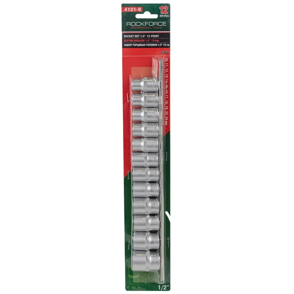 Набор головок 12пр. 1/2''12гр.(10-19,22,24мм), на планке RockForce##Rock FORCE RF-4121-9