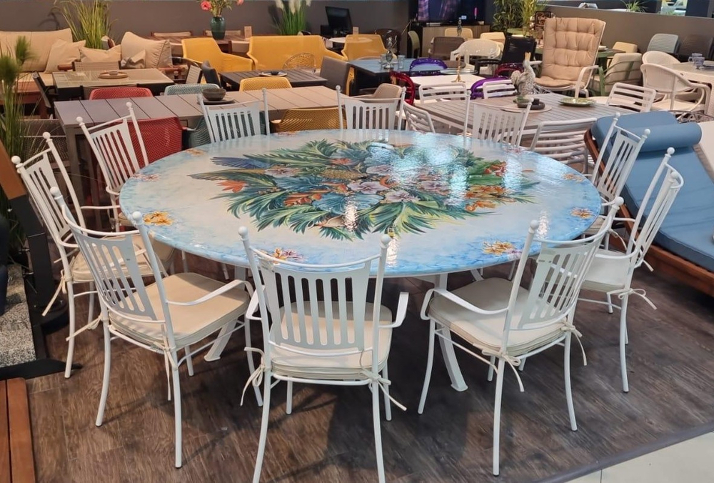 Столовая группа Domiziani Tropical на 10 персон, стол из лавового камня диам. 230 см, кресла нерж. сталь - 10 шт., Италия