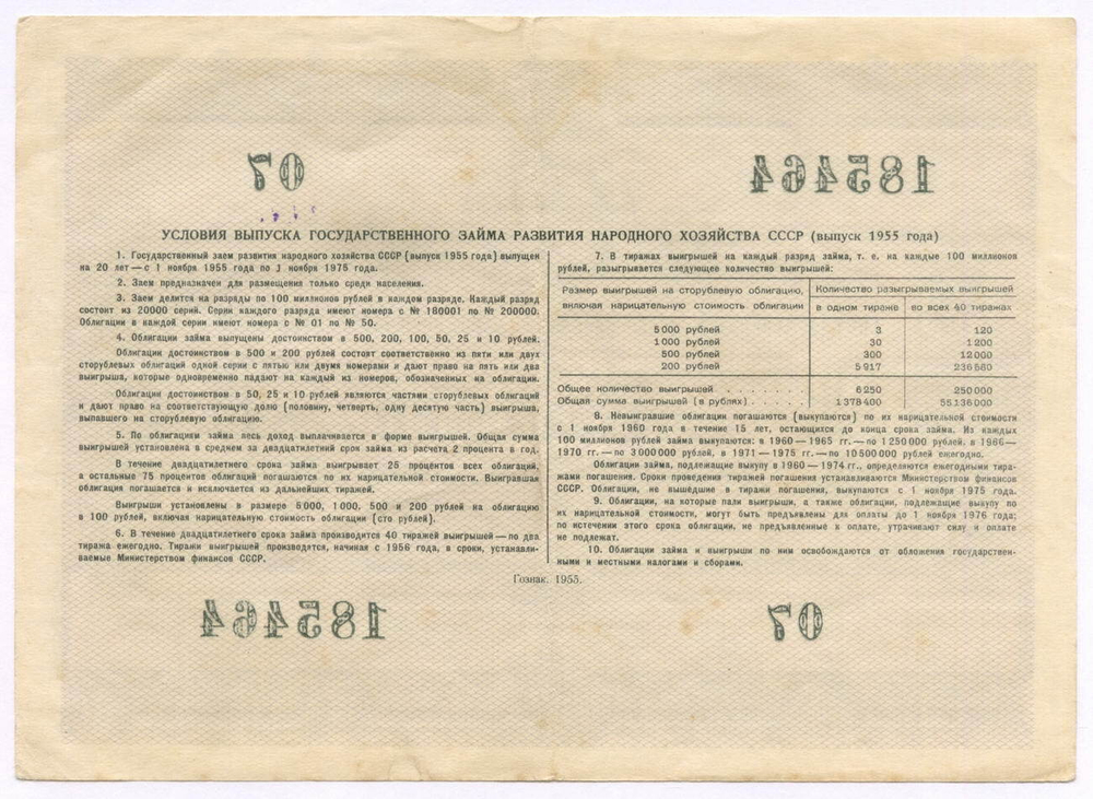 Облигация 100 рублей 1955 год. Серия № 185464. VF-