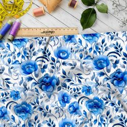 Ткань премиум бифлекс цветочная фатназия в голубых тонах