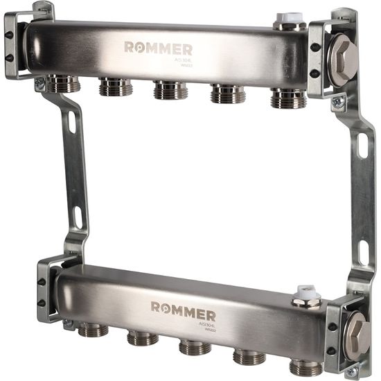 Коллектор Rommer 1"x3/4" на 5 контуров для радиаторной разводки (нерж. сталь) RMS-4401-000005