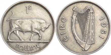 Ирландия 1 шиллинг, 1951 - 1968 Бык XF