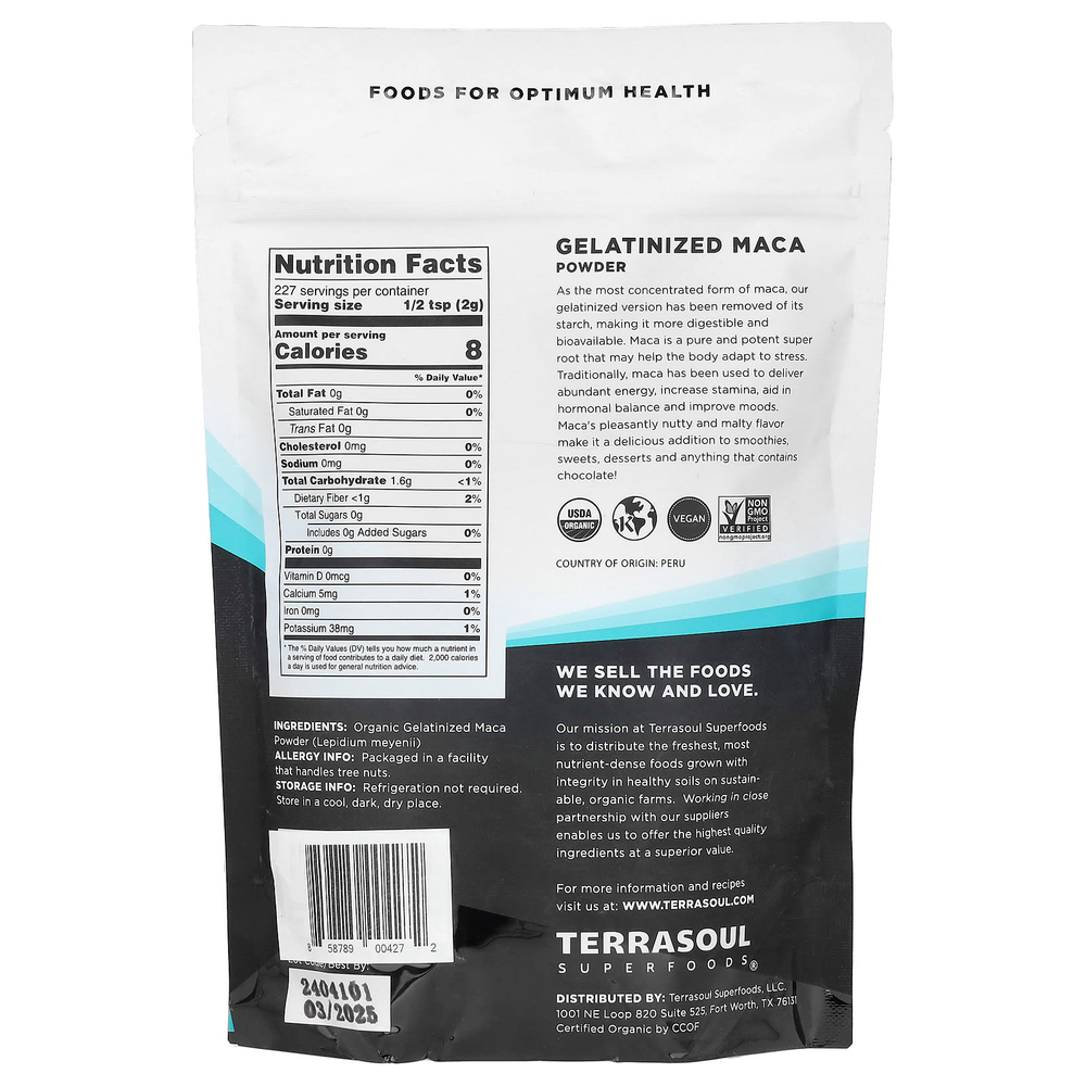 Terrasoul Superfoods, мака в порошке, желатинизированная, 454 г (16 унций)