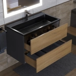 Тумба с раковиной Uperwood Barsa 80 см, раковина черная глянцевая, подвесная тумба черная/дуб сонома