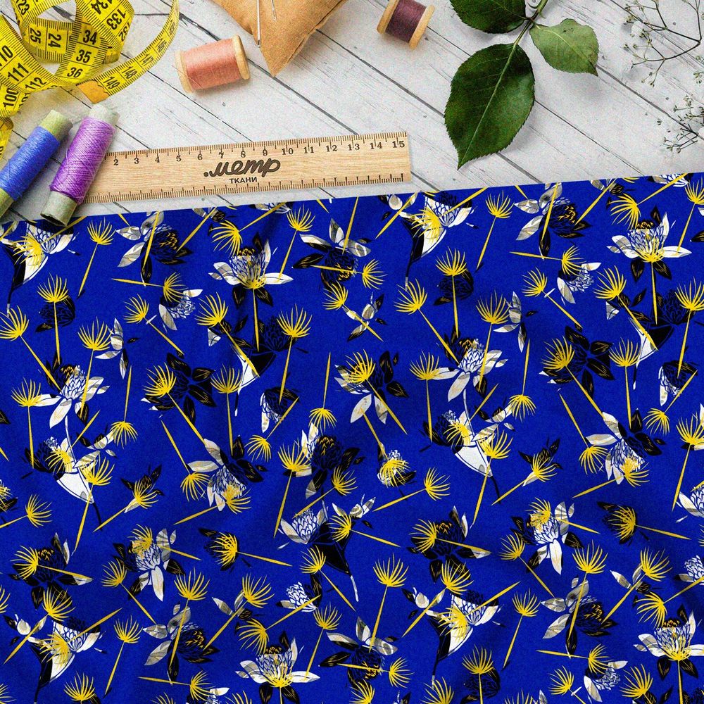 Ткань оксфорд 600 пустые стебои одуванчиков на синем фоне