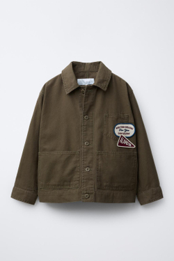 ZARA КУРТКА-РУБАШКА С НАШИВКАМИ, ТЕМНЫЙ ХАКИ