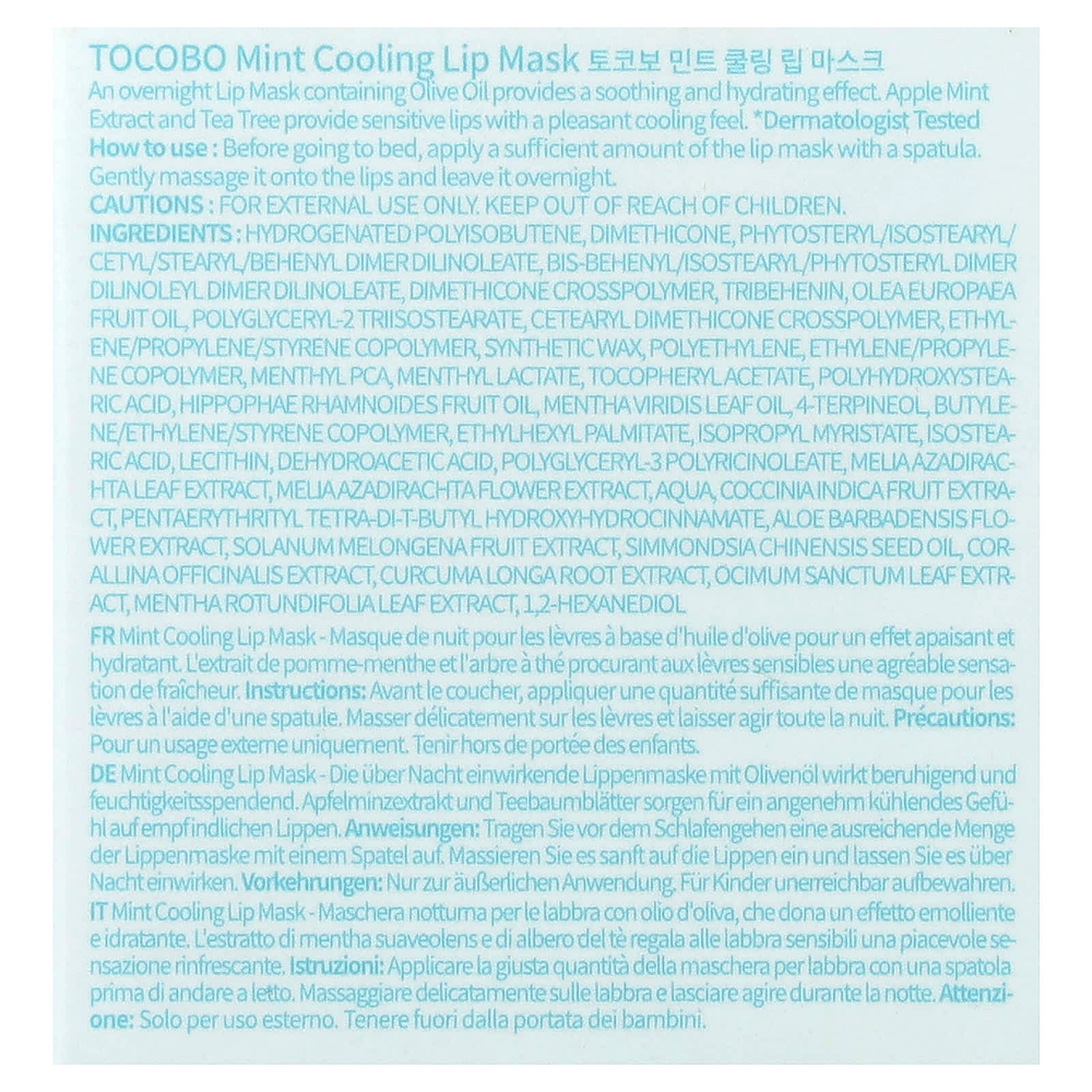 Tocobo, охлаждающая маска для губ с мятой, 20 мл